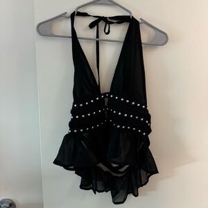 Amazon Black Halter Tank Top with Silver Stud Accents